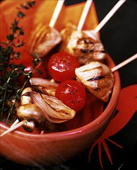 聚会,烤串,火鸡,蘑菇,西红柿,洋葱