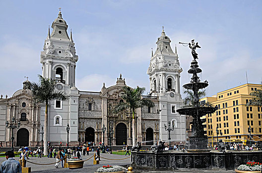 大教堂,利马,喷泉,广场,阿玛斯,历史,中心,秘鲁,南美,拉丁美洲
