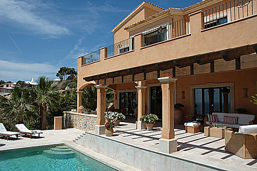 地中海,别墅,太阳椅,旁侧,游泳池