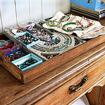 盒子,彩色,珠子,项链,托盘,老,木质,柜子