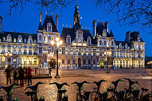 法国,巴黎,德威饭店,市政厅,夜晚,前景
