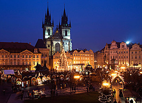 夜景,圣诞节,市场,老,城镇,教堂,我们,女士,世界遗产,布拉格,捷克共和国,欧洲
