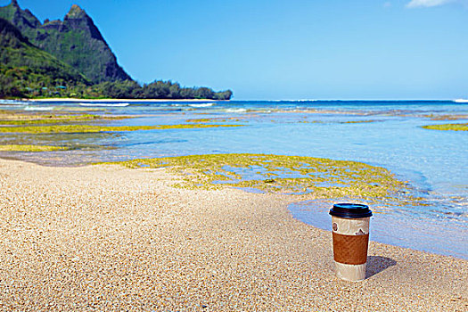 纸,咖啡杯,坐,沙子,水边,考艾岛,夏威夷,美国