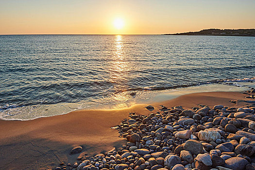 海滩,日落,塞萨利,克里特岛,希腊,欧洲