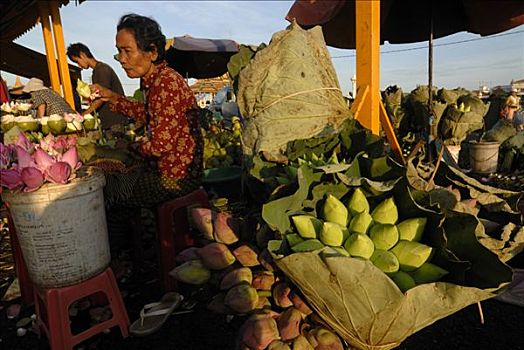 市场摊位,销售,荷花,早晨,市场,靠近,湄公河,金边,柬埔寨