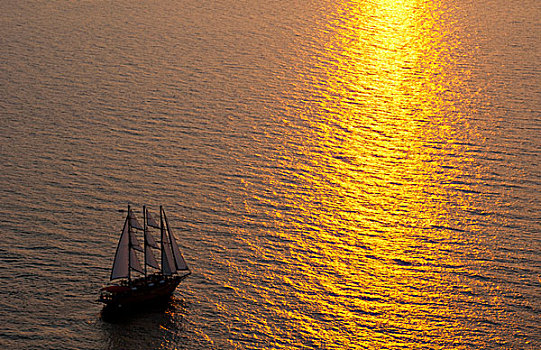 大,帆船,航行,日落,漂亮,锡拉岛,希腊,希腊群岛,俯视,水