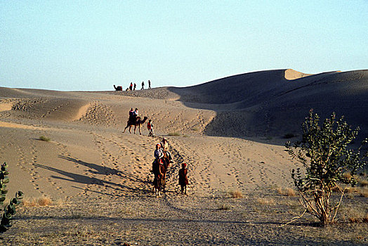 印度,拉贾斯坦邦,沙漠,靠近,斋沙默尔,沙丘,游客,骆驼