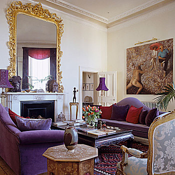 奢华,公寓,紫色,沙发,正面,壁炉,洛可可风格,镜子