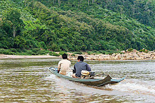 渔民,狭窄,汽艇,湄公河,省,老挝,亚洲