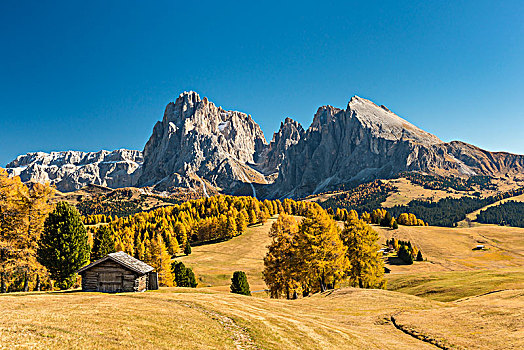 风景,上方,秋天,阿尔卑斯小屋,白云岩,南蒂罗尔,意大利,欧洲