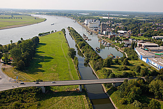 航拍,河,湾流,莱茵河,港口,北莱茵威斯特伐利亚,德国,欧洲