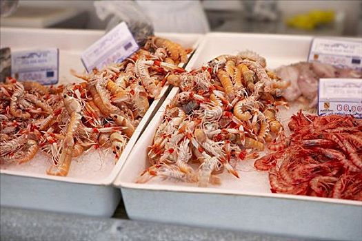 对虾,海螯虾,碎冰,鱼市