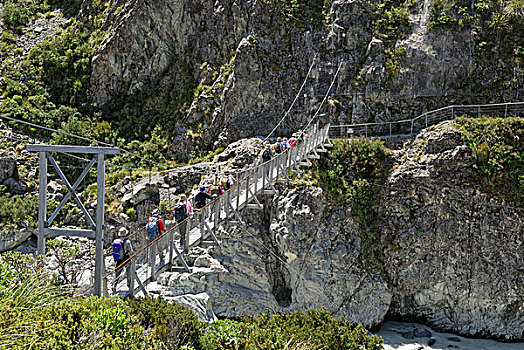 行人,悬挂,桥,上方,河,山谷,走,库克峰国家公园,南岛,新西兰