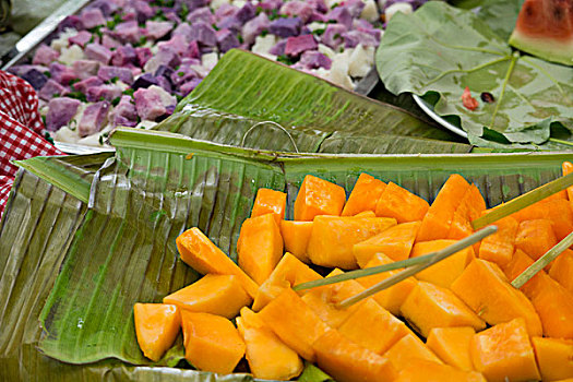 共和国,瓦努阿图,岛屿,传统食品,紫色,山药,新鲜,芒果,棕榈叶