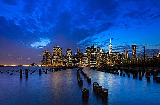 曼哈顿,金融区,天际线,一个,世界贸易中心,黄昏,纽约,美国