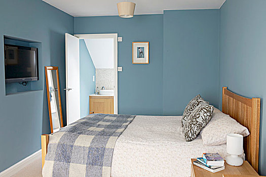 双人床,木质,床头板,卧室,蓝色,墙,门,浴室