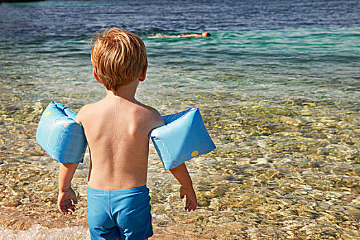 后视图,可爱,男孩,穿,蓝色,涉水,海洋