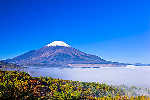 山,富士山,海洋,云,湖