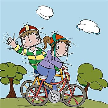 男孩,女孩,骑自行车
