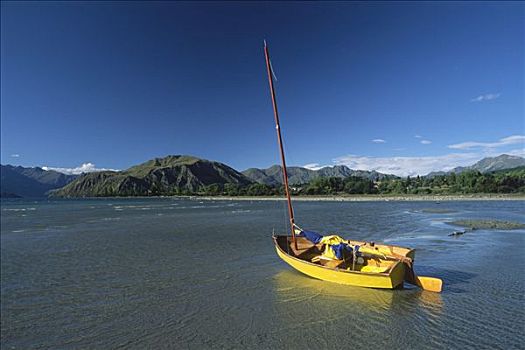 黄色,船,海滩,瓦纳卡湖,南岛,新西兰