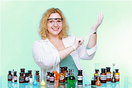 化学家,女人,化学品,玻璃器皿,长颈瓶