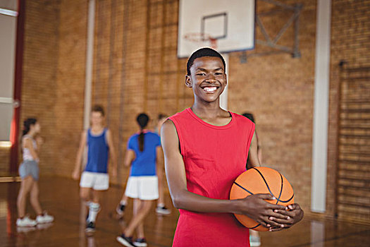 微笑,男学生,拿着,篮球,团队,玩,背景,头像