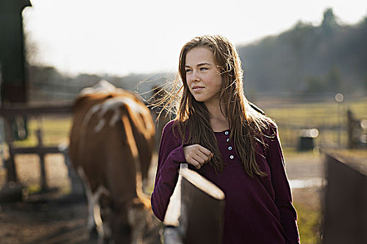 女孩,靠着,围场,栅栏,放牧,马,背景,有机农场