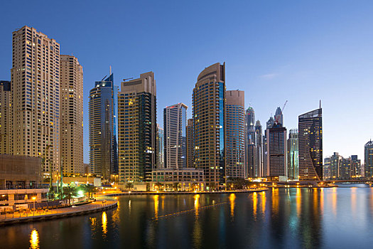 迪拜,码头,摩天大楼,夜晚,晚间,蓝色,钟点