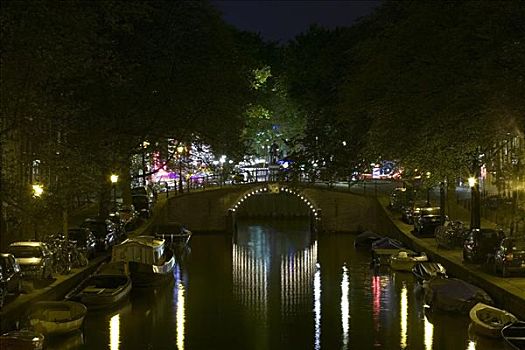 桥,上方,运河,夜晚,阿姆斯特丹,荷兰