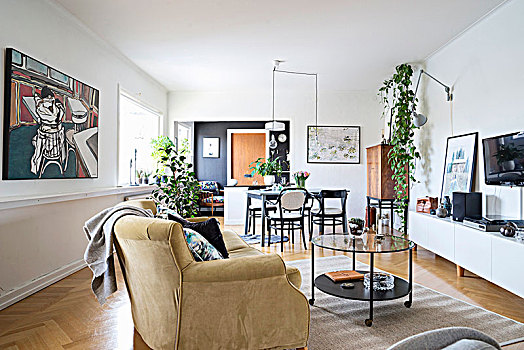 舒适,沙发,现代,绘画,就餐区,室内