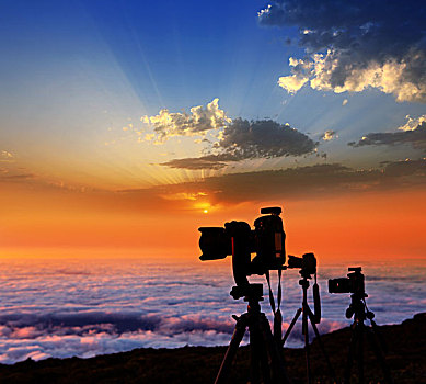 摄像机,三脚架,摄影师,日落,云海