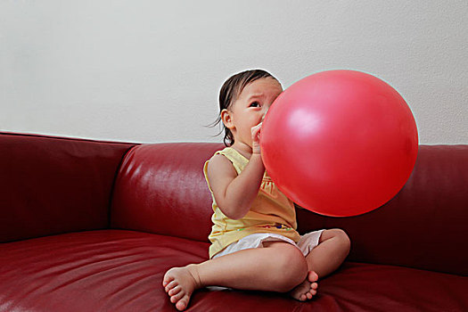 年轻,女孩,吹,向上,红色,气球