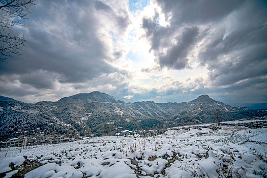 亚洲,中国,重庆,酉阳,天空,山坡,青山,白雪,树枝,公路