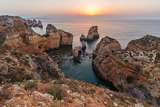 日落,石头,海中,阿尔加维,岩石海岸,拉各斯,葡萄牙,欧洲