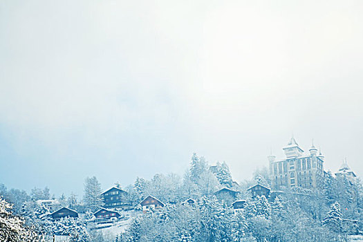 瑞士,沃州,拉沃,区域,雪,山景,城堡