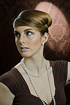 女青年,戴着,珍珠项链,珍珠耳环,肖像