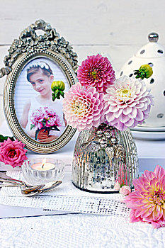 水银,玻璃花瓶,粉色,大丽花,装饰垫布,照片,女孩,老式,画框