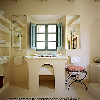 地中海,浴室,石头,盥洗盆,拱形,窗,蓝色,百叶窗,室内