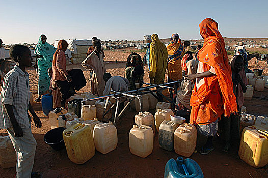 收集,水,利雅得,露营,人,近郊,西部,达尔富尔,苏丹,十一月,2004年