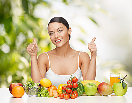健康概念,女人,新鲜水果,蔬菜,展示,竖大拇指