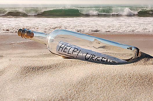 紧急,帮助,信息,清晰,玻璃瓶,出现,沙子,海滩