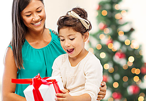 休假,礼物,圣诞节,圣诞,生日,概念,高兴,母子,女孩,礼盒