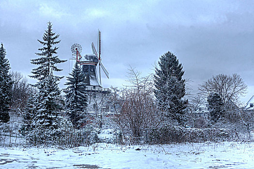 积雪,风车,不莱梅,德国,欧洲