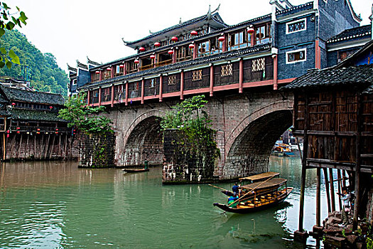 河,屋顶,风雨桥,老城,湖南,中国