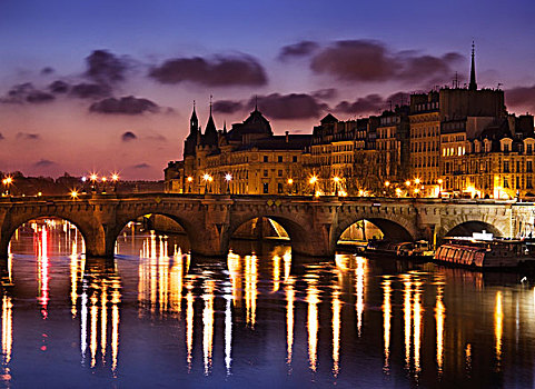 夜景,桥,排,房子,巴黎,法国,欧洲