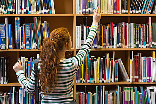 红发,学生,书本,上面,架子,图书馆