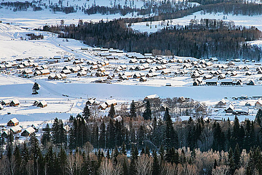 村庄,阳光,冬,雪,树林