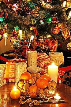 碗,水果,蜡烛,圣诞树,后面