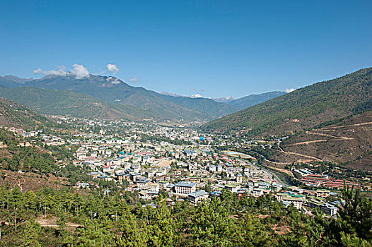 俯视,首府,廷布,喜马拉雅山,英国,不丹,南亚,亚洲