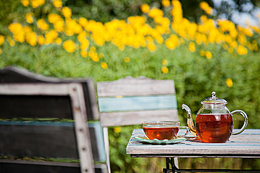 玻璃茶壶,杯子,花园桌